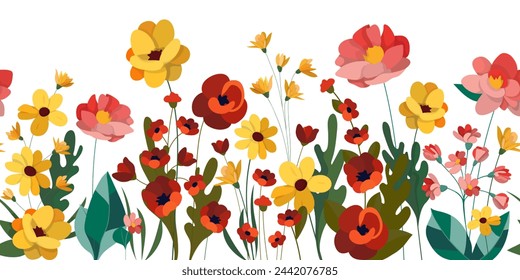 Horizontal seamless floral banner on white background decorated with beautiful colorful blooming flowers and leaves. For graphics, web design, banner, poster, advertising. Vector illustration.