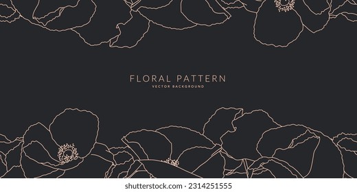 Horizontal seamless floral border with linear poppy flowers. Dark elegand botanical flat vector illustration. Horizontal minimalistic template for banners, invitations, web.