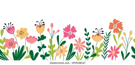 Horizontal seamless floral border on a white background. Banner or background with colorful blooming flowers and leaves. Spring and summer botanical border, flat vector illustration.