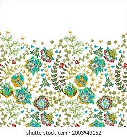 Horizontal seamless floral border on a white background. Banner or background with colorful blooming flowers and leaves. Spring and summer botanical border, flat vector illustration.