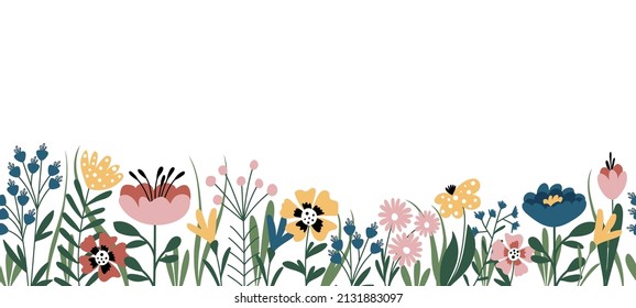 Horizontal seamless floral border on a white background. Banner or background with blooming flowers and leaves. Spring and summer botanical border, flat vector illustration.