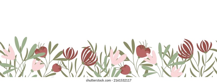 Horizontal seamless floral border on a white background. Banner or background with blooming flowers and leaves. Spring and summer botanical border, flat vector illustration.
