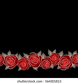 Horizontal seamless floral pattern in beige and red colors. Motley roses with a band of flowers with copy space (place for your text). Watercolor painting seamless pattern.