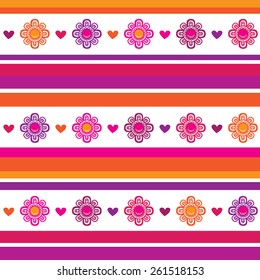 Horizontal seamless floral pattern. Flowers and hearts. Flowers and hearts. Wrapping paper, cloth. Vector illustration.