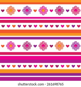 Horizontal seamless floral pattern. Flowers and hearts. Wrapping paper, cloth. Vector illustration.