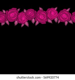 Horizontal seamless floral pattern in magenta and pink colors. Motley roses with a band of flowers with copy space (place for your text). Watercolor painting seamless pattern.