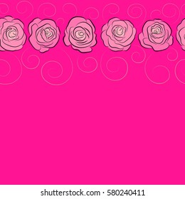 Horizontal seamless floral pattern in neutral, magenta and pink colors. Motley roses with a band of flowers with copy space (place for your text). Watercolor painting seamless pattern.