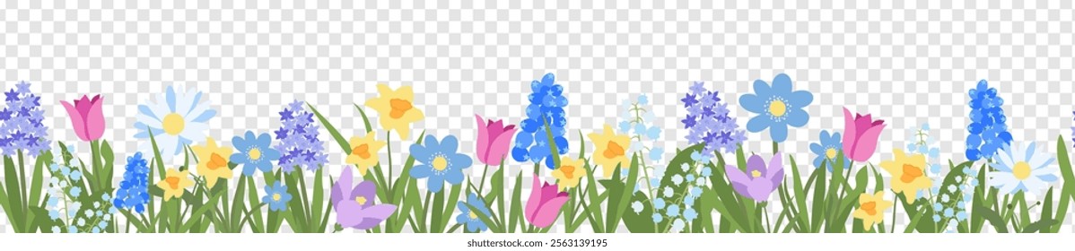 Horizontal Seamless Flower Border in Flat Style. Trendy Vector Floral Background with Spring Flowers. Botanical Banner with Simple Naive Elements. Design Perfect for Weddings, Birthdays, Advertisement