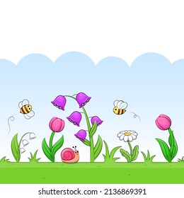 Horizontal seamless flower border. Spring flat vector illustration on blue background.