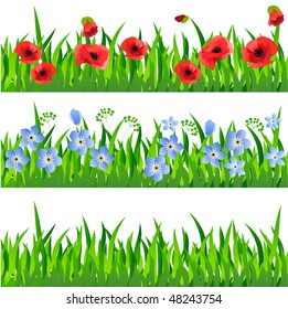 Horizontal seamless grass and floral pattern