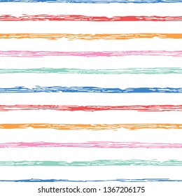 Horizontal seamless grunge brush striped pattern. Colorful stripes on white background. Seamless pattern with color grunge stripes. Vector illustration for fabric, scrapbooking, wallpaper, backgrounds