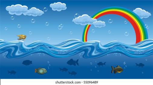 Horizontal seamless illustration of the water waves, fish, rainbows and sky with cloud.