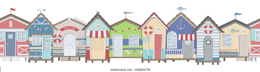 Horizontal seamless image of beach houses on a white background. Panorama. Vector illustration