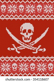 Horizontal seamless knitted pattern. Pirate flag knitted. Snowflakes and skull. Red style