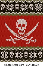 Horizontal seamless knitted pattern. Pirate flag knitted. Snowflakes and skull.