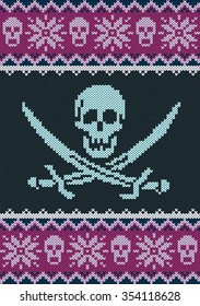 Horizontal seamless knitted pattern. Pirate flag knitted. Snowflakes and skull.
