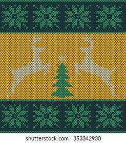 Horizontal seamless knitted pattern. Reindeer jumping Christmas tree and snowflakes. Green yallow style