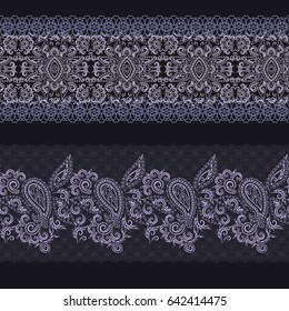 Horizontal  seamless lace pattern with paisley and decorative elements. Vector set of 2. Dark blue background. Use for embroidery, braid, tape, ribbon.