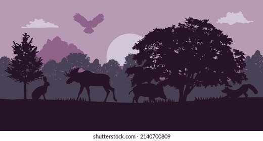 Paisaje horizontal sin costuras con siluetas de animales de bosque. Bosques de coníferas con zorro, ciervo, águila, alce, cerdo. conejo. fondo de vida silvestre para impresiones, publicidad EPS