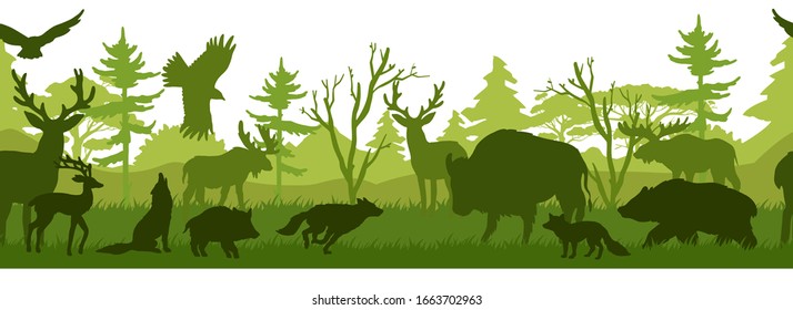 Horizontal seamless landscape with forest animals’ silhouettes. Coniferous woods with bear, wolf, fox, stag, deer, eagle, falcon, buffalo, pig. Green wildlife background for prints, advertisements