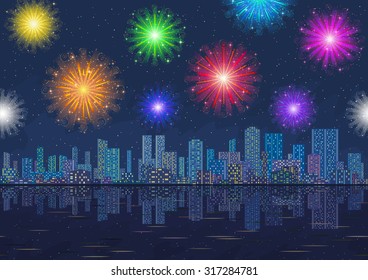 Horizontal Seamless Landscape, Holiday Urban Background, Night City with Skyscrapers and Fireworks in Starry Sky, Reflecting in Blue Sea. Eps10, Contains Transparencies. Vector