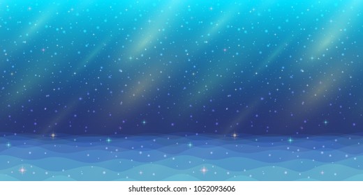 Horizontal Seamless Landscape, Magic Night Seascape, Silent Sea and Dark Blue Sky with Stars and Color Rays, Nature Background for Your Design. Vector