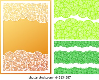 Horizontal seamless lemon slices pattern with example uses and white open work frame suitable for laser cutting.
Template for greeting cards, book cover, product label, ads and more.