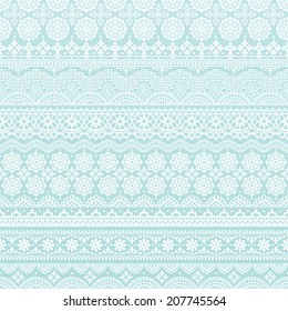 Horizontal seamless light blue background of lace trims.