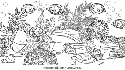 Horizontal seamless long background from seabed and its inhabitants anemones, fishes and coral on stones  linear drawing for coloring page