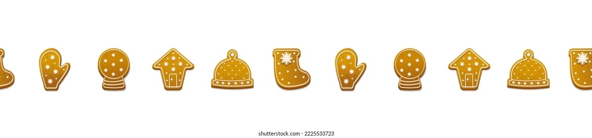 Horizontal  seamless ornament of gingerbread christmas cookies  figures. Vector illustration isolated on white background. House, mitten, sock, hat, glass ball. Holiday winter symbols. For design.