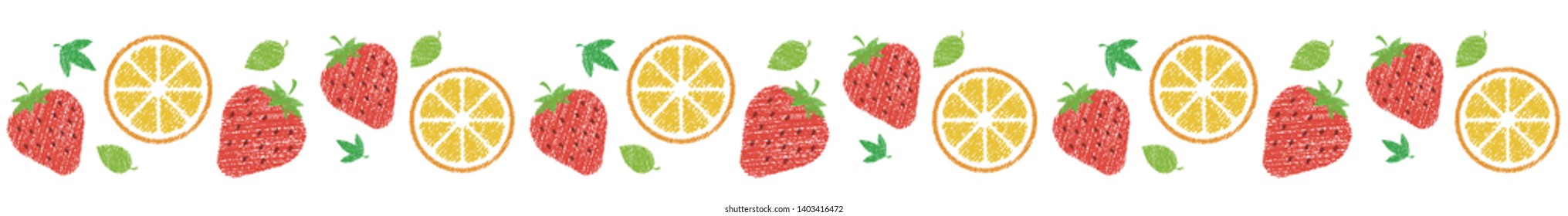 horizontal seamless patten with strawberries and oranges (handwriting style / Colored pencil stroke) 