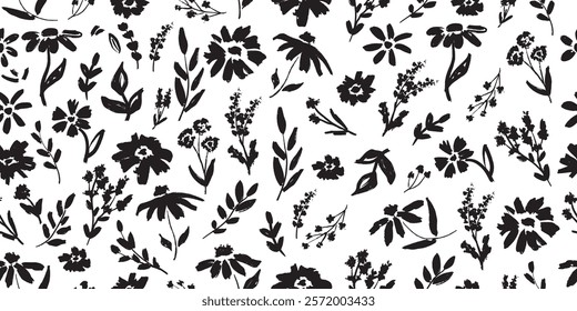 Horizontal seamless pattern with abstract flowers and leaves brush ink strokes. Hand drawn vector sketch charcoal illustration, silhouette floral design, scribble grunge brush texture. Fabric texture