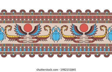 patrón horizontal sin costuras, antiguo ornamento decorativo egipcio con escorpiones y escarabajos, ilustración del vector de color con líneas de contorno aisladas en fondo blanco en dibujos animados y estilo dibujado a mano