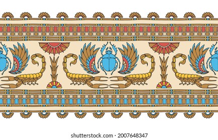 horizontal seamless pattern, ancient Egyptian decorative ornament with scorpions, scarabs and palms, vector illustration with contour lines isolated on white background in cartoon and hand drawn style