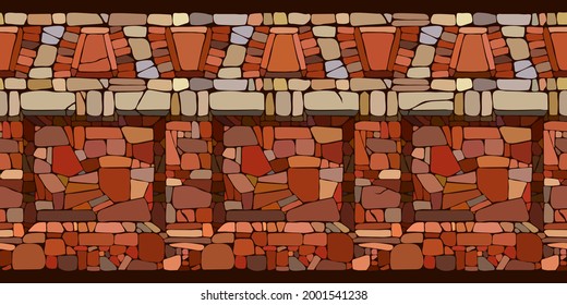 horizontal seamless pattern, ancient stone wall with decorative ornament, part of a prison or fortress made of brick, for frame or border, color vector illustration in a cartoon and flat design