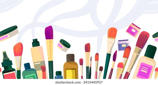 Horizontal seamless pattern with art materials with brushes, jars of acrylic paint, art supplies for painting and drawing on a light background