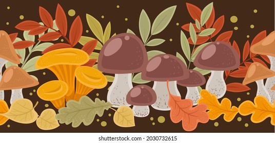 Horizontal seamless pattern from autumn leaves and mushrooms on dark background