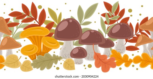 Horizontal seamless pattern from autumn leaves and mushrooms on white background