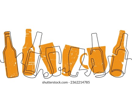 Horizontal seamless pattern with beer bottles and glasses isolated on white background. Vector illustration.