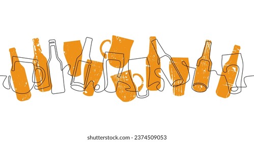 Horizontal seamless pattern with beer bottles and glasses isolated on white background. Vector illustration.	