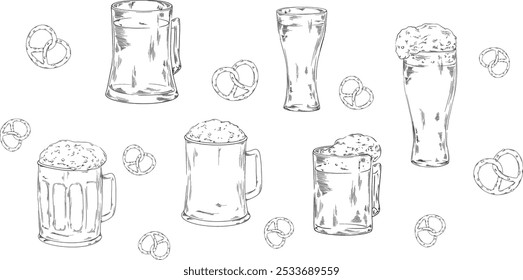 Horizontal seamless pattern with beer glasses and bertzel isolated on white background. Octoberfest vintage cold alcohol beverage illustration with snacks, pub decoration, label. Vector illustration.