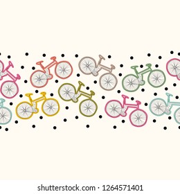 Horizontal seamless pattern with bicycles and polka dots.