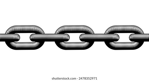 Horizontal seamless pattern of black iron chain part isolated on white. Vector conceptual illustration in vintage black and white engraving style