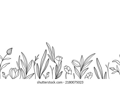 Horizontal seamless pattern with black and white flowers and grass. Vector illustration.