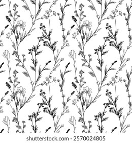 Horizontal seamless pattern with blooming flowers, leaves on white. Spring floral backdrop. Line vector illustration botanical design field wild flowers. Camomile, bluebells, poppy, medicine herbs