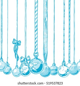 horizontal seamless pattern with blue Christmas balls. Vector illustration in ink hand drawn style. 