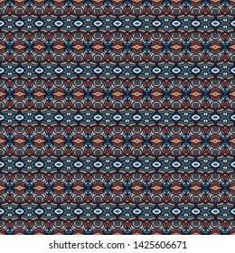 Horizontal seamless pattern in blue. Ethnic textile print. Vector fashion background. 