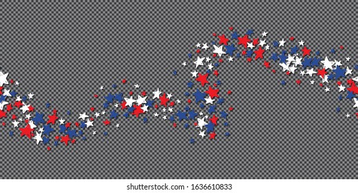 Horizontal seamless pattern with blue, red, white stars of celebration USA Independence Day, Memorial Day. Holiday confetti in US flag colors for Independence Day on transparent background. Vector