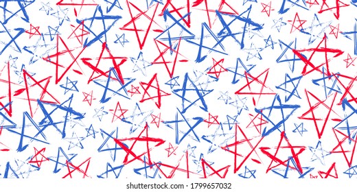 Horizontal seamless pattern with blue, red, white stars of celebration USA Independence Day, Memorial Day. Holiday confetti in US flag colors for Independence Day on transparent background. Vector
