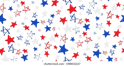 Horizontal seamless pattern with blue, red, white stars of celebration USA Independence Day, Memorial Day. Holiday confetti in US flag colors for Independence Day on transparent background. Vector
